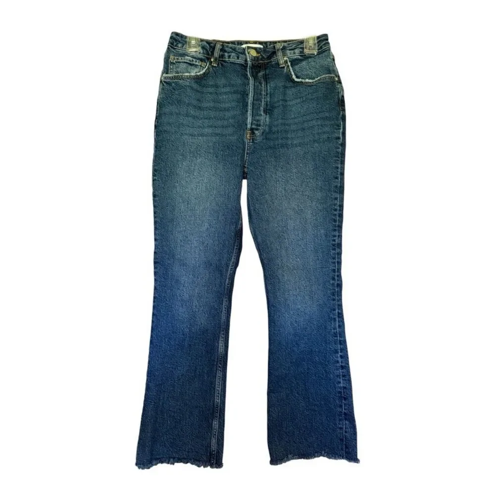 ANINE BING woman's size 31 Lara mid rise indigo raw hem ankle button fly jeans
